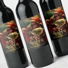 Poinsettias Merry Christmas Holiday Wine Labels Christmas Red And Gold, Holiday Wine Label