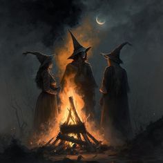 three witches standing in front of a bonfire