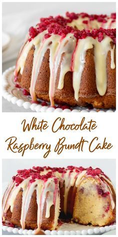 white chocolate raspberry bundt cake on a plate