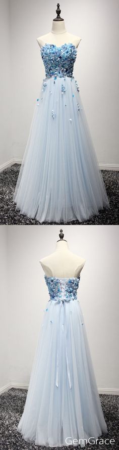 A-line tulle prom dress Sleeveless Blue Prom Dress, Prom Dress With Flowers, Prom Dress Strapless, Prom Dresses A Line, Blue Prom Dresses, Strapless Prom Dresses, Prom Dresses 2019, Sweetheart Prom Dress