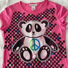 Nwt La Kitty Pink Tee Cap Sleeve With A Peace And Panda And Glitter Size Large Playful Pink T-shirt For School, Fun Pink T-shirt For Playtime, Playful Pink Tops With Character Print, Playful Pink Cartoon Print Top, Pink Tops With Character Print For Playtime, Pink Character Print Tops For Playtime, Fitted Casual Top With Glitter Print, Cute Crew Neck Top With Glitter Print, Pink Fun T-shirt For Playtime