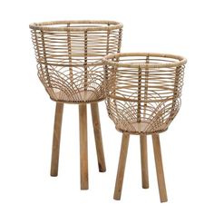 two baskets sitting on wooden legs, one is made out of wood and the other has wicker