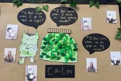 a bulletin board with pictures and writing on it that says calm, i feel calm, when it's difficult to tell