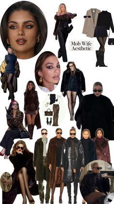 the collage shows different types of clothes and accessories, including coats, shoes, hats, scarves