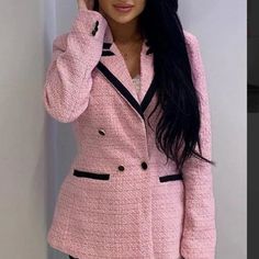 Stunning Classic Pink Tweed Double Breasted Blazer With Black Trim Lined Brand New Polyester Women's Workwear Fashion, Pink Tweed, Line Branding, Workwear Fashion, Work Wear Women, Breasted Blazer, Trim Color, Double Breasted Blazer, Black Trim