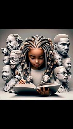 a woman with dreadlocks sitting in front of many heads and looking at a book