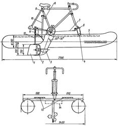 a drawing of an airplane with wheels and spokes on the front, side and back