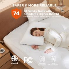 a woman laying on top of a bed with the words safe & more reliable 74 safety tests with standards higher than us