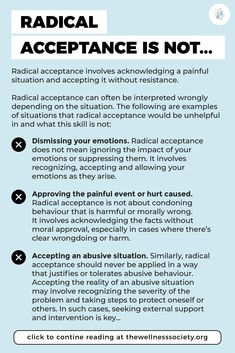 What is radical acceptance in DBT exactly? Click to learn more at thewellnesssociety.org Radical Acceptance Worksheet, Radical Acceptance Dbt Worksheet, Therapist Techniques, Group Worksheets, Group Counseling Activities, Radical Acceptance