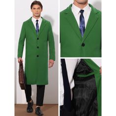 The solid color trench coats are timeless and elegant, a must-have outerwear piece for man's wardrobe. Pair the solid trench overcoats with jeans and a sweater or a tailored suit for a business casual look. The formal notch lapel trench coats are suitable for various occasions, such as weddings, galas or business meetings. Green Winter Outerwear With Notch Lapel, Green Overcoat Men, Classic Green Long Sleeve Pea Coat, Classic Green Double-breasted Pea Coat, Green Long Coat With Double Button Closure, Mens Lightweight Jacket, Long Overcoat, Tailored Suit, Packable Jacket