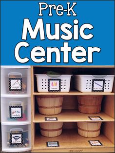 a book shelf with baskets and labels on it that says prek music center in white letters