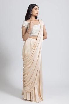 Cream pre-draped saree in satin base. Comes with a crepe padded blouse with sequins, cutdana and thread hand embroidery. - Aza Fashions Saree Satin, Cream Saree, Hand Embroidered Blouse, Draped Saree, Satin Hands, Padded Blouse, Drape Saree, Blouse For Women, Satin Color