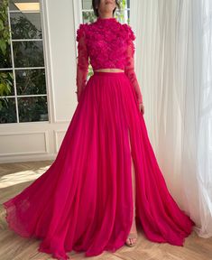 Fuchsia Elegance Ensemble Gown | Teuta Matoshi Elegant Pink Two-piece Party Dress, Elegant Pink Two-piece Dress For Party, Elegant Pink Fitted Two-piece Dress, Pink Gown Elegant, Pink Dress Design, Hot Pink Gown, Matoshi Dress, Fuschia Pink Dress, Evening Dress Long Sleeve