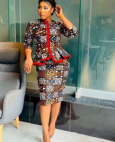 Ankara Peplum Top and Skirt Ankara Peplum Top Pencil Skirt, Multicolor Fitted Peplum Dress, Elegant Multicolor Sets For Workwear, Fitted Multicolor Peplum Set, Ankara Top And Skirt, African Print Peplum Top, Ankara Top Styles, Ankara Skirt And Blouse Styles, Ankara Skirt And Blouse