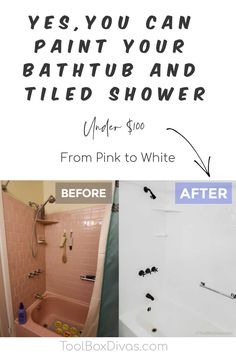 before and after photos of a bathroom remodel with pink to white paint on the walls