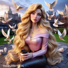 a barbie doll sitting on the ground with birds flying around her and holding a coffee cup