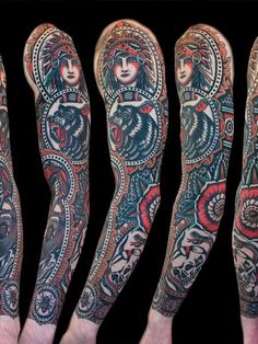 tattoos on the arms and legs of people with different designs, including an image of a woman