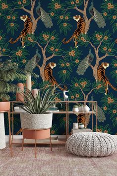 a wallpapered room with a tiger on the tree and other plants in vases