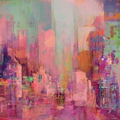 an abstract painting of cityscape in pink, yellow and green colors with buildings