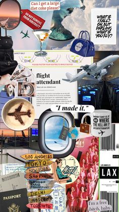 the collage has many different pictures and words on it, including an airplane in the sky