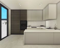 a modern kitchen with white counter tops and black accents on the doors is shown in this rendering