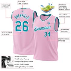 Custom Light Pink Teal-White Authentic Throwback Basketball Jersey Collegiate Sleeveless Jersey With Letter Print, Collegiate Breathable Sleeveless Jersey, Collegiate Sleeveless Breathable Jersey, Breathable Sleeveless Collegiate Jersey, Collegiate Sleeveless Jersey For Sports Events, Collegiate Sleeveless Sports Jersey, Collegiate Style Sleeveless Jersey For Sports Events, Sleeveless Team Jersey For Sports Events, White Sleeveless College Jersey