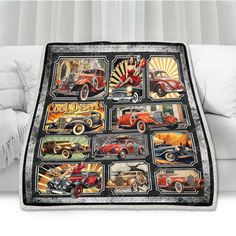 a blanket with pictures of old cars on it