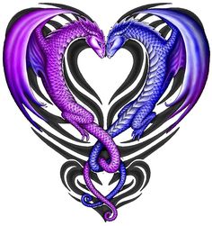 two purple and blue dragon tattoos in the shape of a heart on a white background