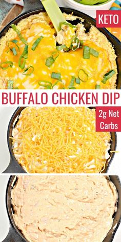 the steps to make buffalo chicken dip in a cast iron skillet with cheese and green onions