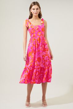 Spring Midi Dress For Summer Parties, Pink Sleeveless Dress With Vibrant Print, Pink Fitted Beachwear Dress, Fitted Pink Beachwear Dress, Vibrant Print Dresses For Summer Parties, Floral Print Midi Dress For Summer Parties, Pink Midi Dress For Spring Summer Parties, Pink Midi Dress For Spring And Summer Parties, Vibrant Summer Party Dress