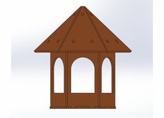 a wooden gazebo with two windows on the top and one window in the middle