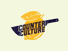 the counter culture logo with a knife and lemon on it's side, in blue and yellow