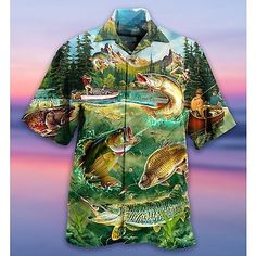 Men's Shirt Summer Hawaiian Shirt Graphic Prints Fish Turndown Green Casual Holiday Short Sleeve Button-Down Print Clothing Apparel Tropical Fashion Hawaiian Soft Oversized Shirt Men, Summer Flamingo, Hawaii Summer, Tropical Fashion, Hawaiian Shorts, Hawaiian Beaches, Short Humor, Funny Short, Mens Hawaiian Shirts