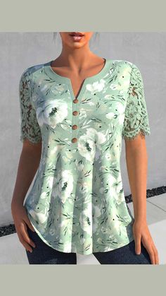 ROTITA Lace Floral Print Sage Green Split Neck Blouse Green Short Sleeve Blouse With Patchwork, Green Short Sleeve Spliced Tops, Green Short Sleeve Tops With Splicing, Green Spliced Tops For Spring, Womens Trendy Tops, Trendy Tops For Women, Top Shirt Women, Casual Tops For Women, Floral Print Blouses