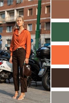 Orange Brown Outfit, Brown Color Combinations Outfits, Brown And Orange Outfit, Orange And Brown Outfit, Studio 54 Outfits, Autumn Color Palette Fashion, Dresses Straight, Brown Pants Outfit, Indie Dress