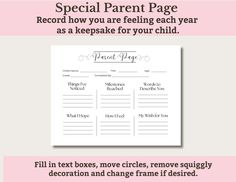 a printable parent's day card with the text special parent page record how you are feeling each year as a keepsake for your child