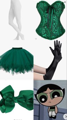 the costume is green and has black gloves on it, with an over sized corset