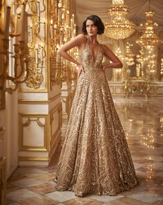 This gold gown features bold sequin embroidery and a criss cross back.From Seema Gujral's Inara collection. DELIVERY TIMEPlease allow 8-12 weeks for your outfit to arrive. FABRIC DETAILSNet Professional cleaning only. Reception Gowns Evening, Shaadi Outfits, Gold Sequin Gown, Indian Gown, Seema Gujral, Golden Gown, Reception Gowns, Net Gowns, Fantasy Clothes