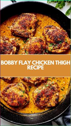 Bobby Flay’s Chicken Thighs recipe is made with boneless chicken thighs, garlic powder, onion powder, paprika, olive oil, butter, shallot, garlic, chicken broth, lemon juice, fresh thyme, crushed red pepper flakes, and heavy cream. This delicious Bobby Flay Chicken Thighs recipe creates a tasty dinner that takes about 30 minutes to prepare and can serve up to 4 people.