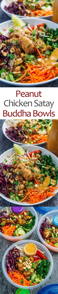 two plates with different types of food on them and the words peanut chicken satay buddha bowls