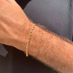 "18 Karat 4mm Gold Filled Rope Bracelet Bracelet Length: 6\" 7.5\" or 8\" (please measure wrist to confirm, below are some general guidelines)  Male                                        Female Small6-6.7″ (15.2-17 cm)5.3-5.8″ (13.5-14.7 cm) Medium6.7-7″ (17-17.8 cm)  5.8-6.1″ (14.7-15.5 cm) Large7-7.7″ (17.8-19.6 cm)6.1-6.9″ (15.5-17.5 cm) Extra Large 8\" Material: 18K Gold Filled. Our gold filled pieces are bonded with 8 layers of real gold. This makes our jewelry high quality and long lastin Mens Rope Bracelet, Classic Gold Bracelets With Rope Chain, Mens Rope Chain, Gold Rope Bracelet, Rope Bracelet Men, Bracelet Thick, Rope Jewelry, Jewelry Mens, Bracelet Mens