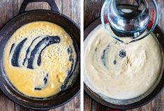 two images showing how to make batter in a cast iron skillet