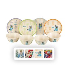 an assortment of children's dinnerware including plates, bowls and cups with cartoon characters on them