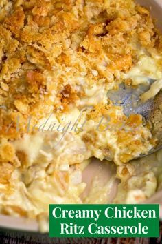 creamy chicken ritz casserole in a white dish