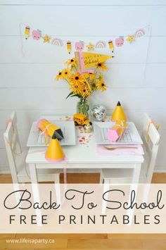 the back to school free printables are displayed in front of a white table