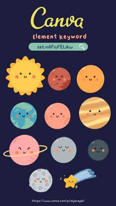 an image of the solar system with cute faces and planets on it, as well as text