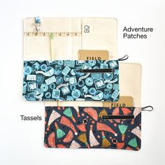 This Adventure Awaits Gift Set combines an Adventure Wallet with a Passport Cover for a great gift for travelers and adventure lovers alike. Adventure Wallet: Includes a Field Notes Memo Book and a Pencil It has 4 spaces for pencils, a key chain, a zippered pouch and pocket for leaflets. The wallet is 10" high by 11" wide (5.5" when folded for travel) Choice of lining fabric Measure tape detail 100% cotton fabric Designed and created in my Woodstock, New York studio space Passport Cover: Fits a Travel Wallet With Coin Pocket, Vintage Travel Wallet Pouch, Bohemian Handmade Travel Pouch, Cute Passport Holder, Travel Gift Set, Travel Wallet Passport, Note Memo, Handmade Wallets, Outdoor School