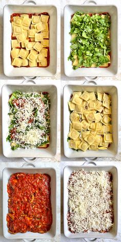 six square dishes filled with different types of pasta and sauces on top of each other