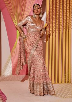 Gopi Vaid-Nusrat Pink Sari And Blouse-INDIASPOPUP.COM Frill Saree, Pink Sari, Gopi Vaid, Easy Wrap, Saree Georgette, Floral Saree, Ruffle Saree, Gota Work, Padded Blouse