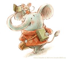 a drawing of an elephant with a book in it's trunk and a mouse on its back